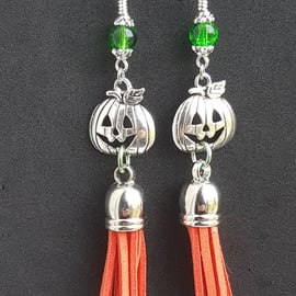 Pumpkin Spice Green Bead Tassel earrings - Single Pumpkin