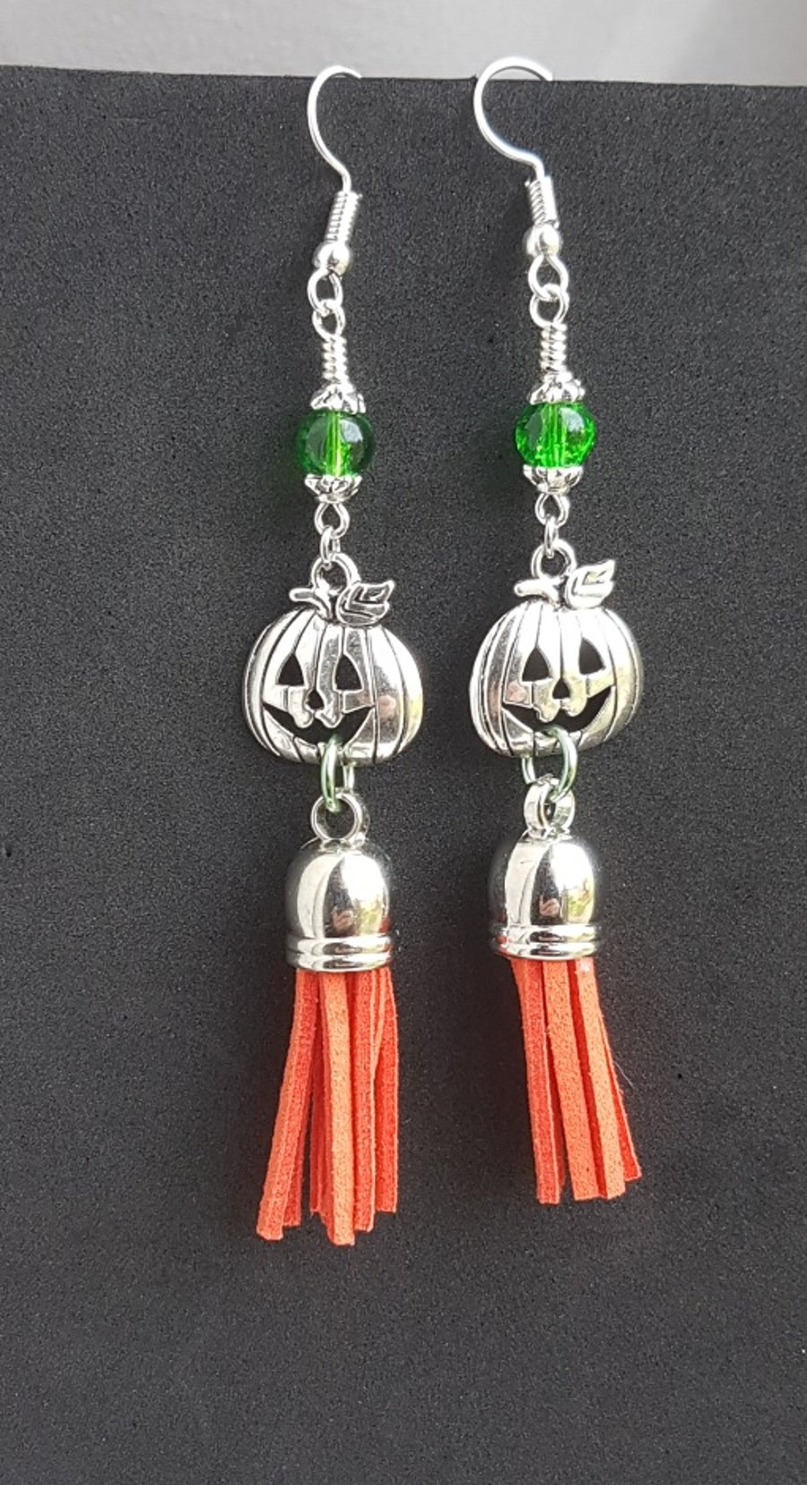 Pumpkin Spice Green Bead Tassel earrings - Single Pumpkin