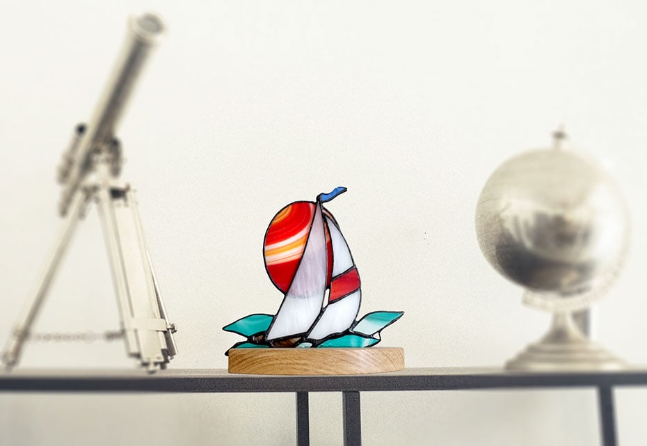 Stained Glass Sailing Boat tealight holder on a solid wood base.  Table Decor
