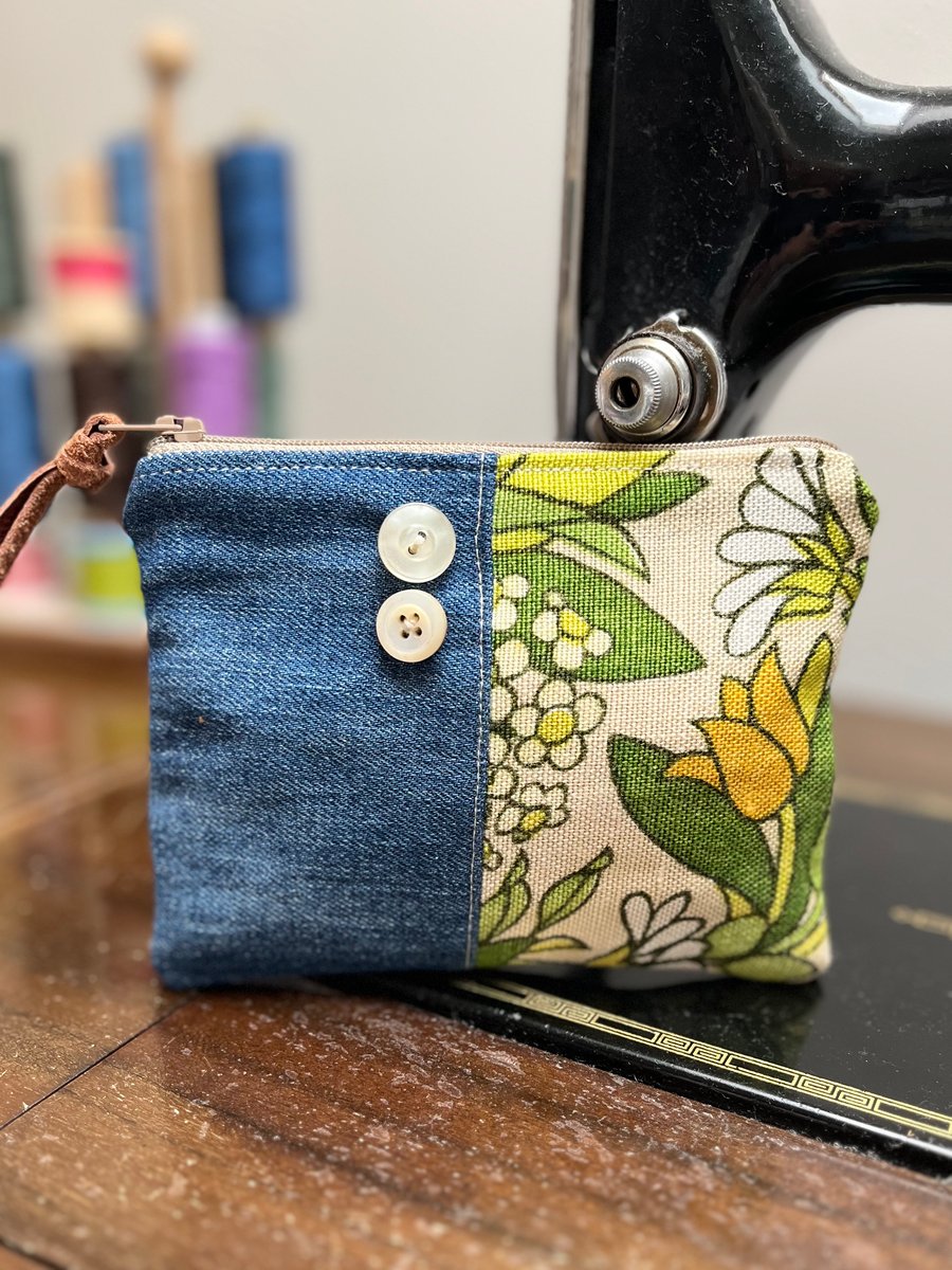 Vintage Flower Waltz Yellow Floral linen and reclaimed denim coin purse