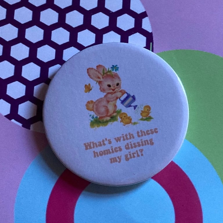Weezer themed Vintage mash-up pin badge - what's with these homies dissin' my gi