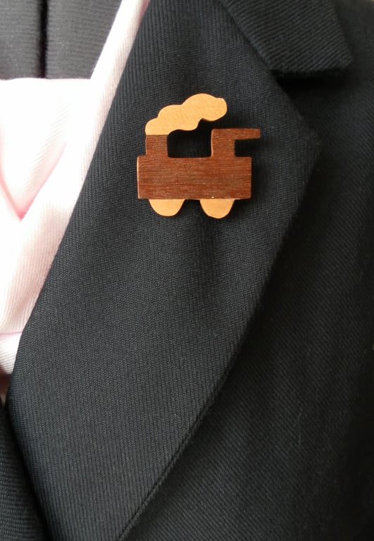 Hand Cut Wood Veneers, Marquetry Brooch, Steam Train