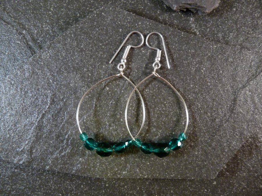 Large Hoop Earrings - Teal Faceted Glass - 40mm - Sliver Colour