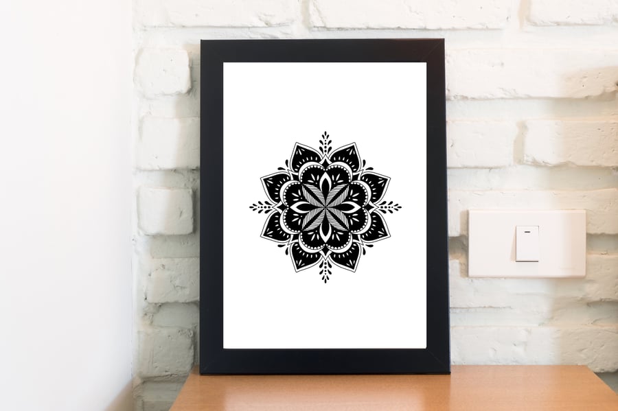 Black and White Mandala Flower Print, A4 Poster, Monochrome Abstract Art