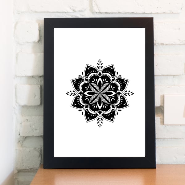 Black and White Mandala Flower Print, A4 Poster, Monochrome Abstract Art