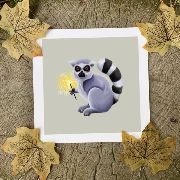 Ring Tailed Lemur with Sparkler Art Print