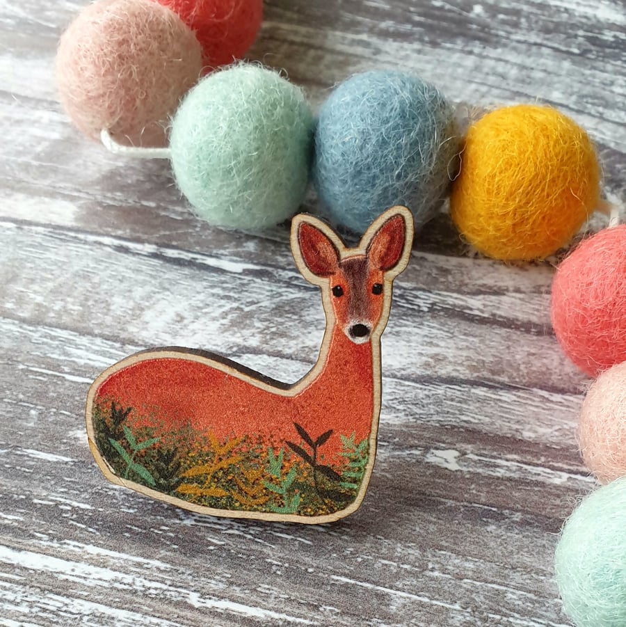 Roe Deer Wood Pin Brooch