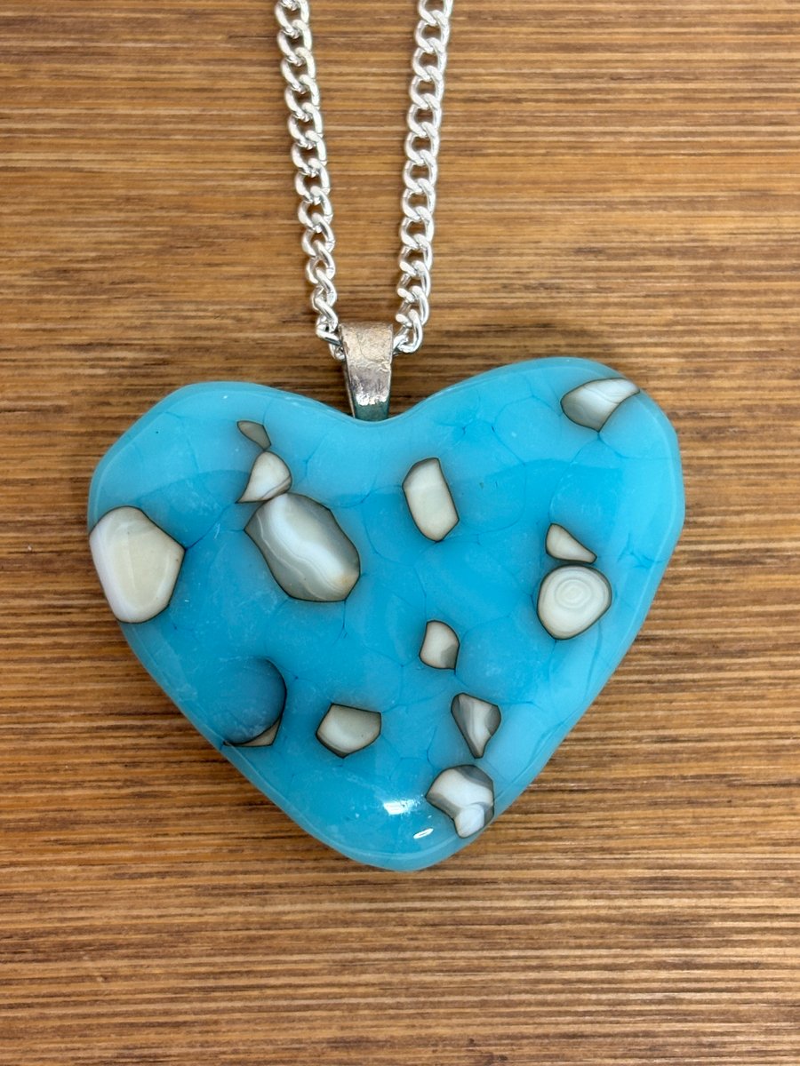 Fused Glass Heart Blue & White Pendant