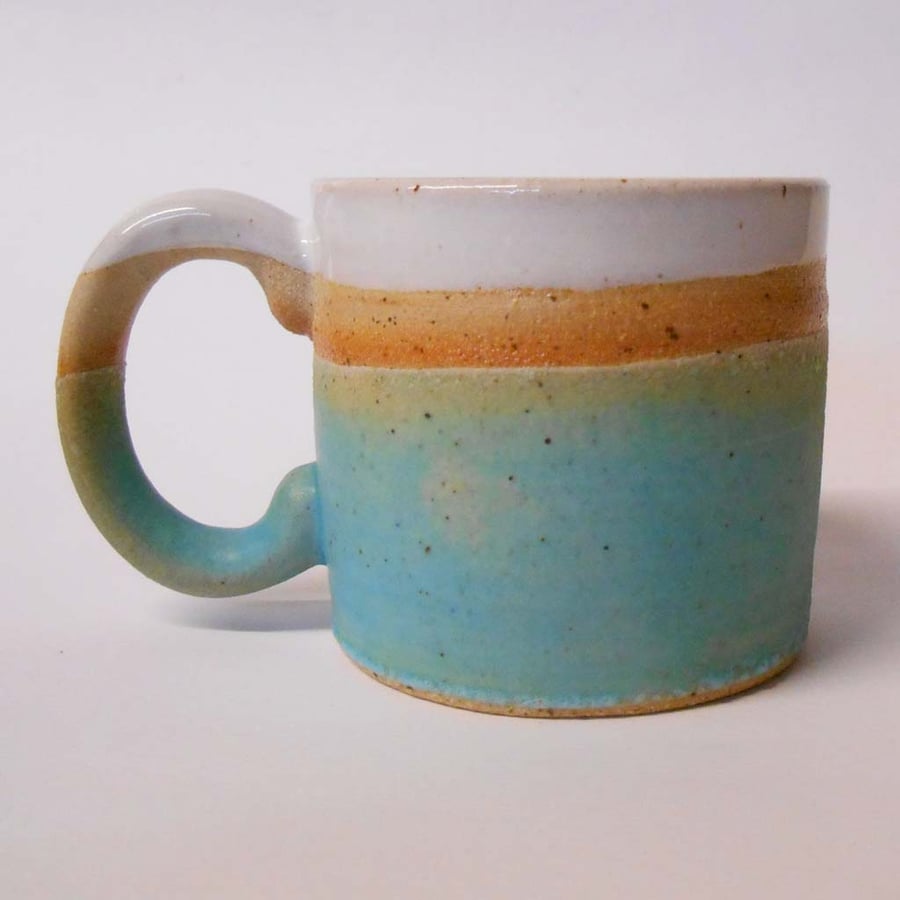 Mug Wheel thrown Petite satin Turquoise blue and white Ceramic.