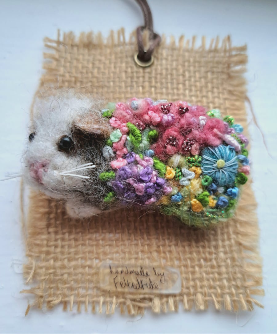 Guinea Pig Brooch Felted and Embroidered