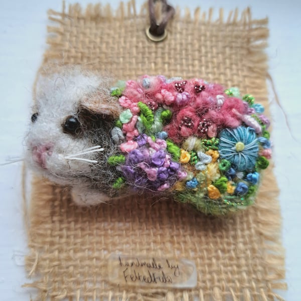 Guinea Pig Brooch Felted and Embroidered