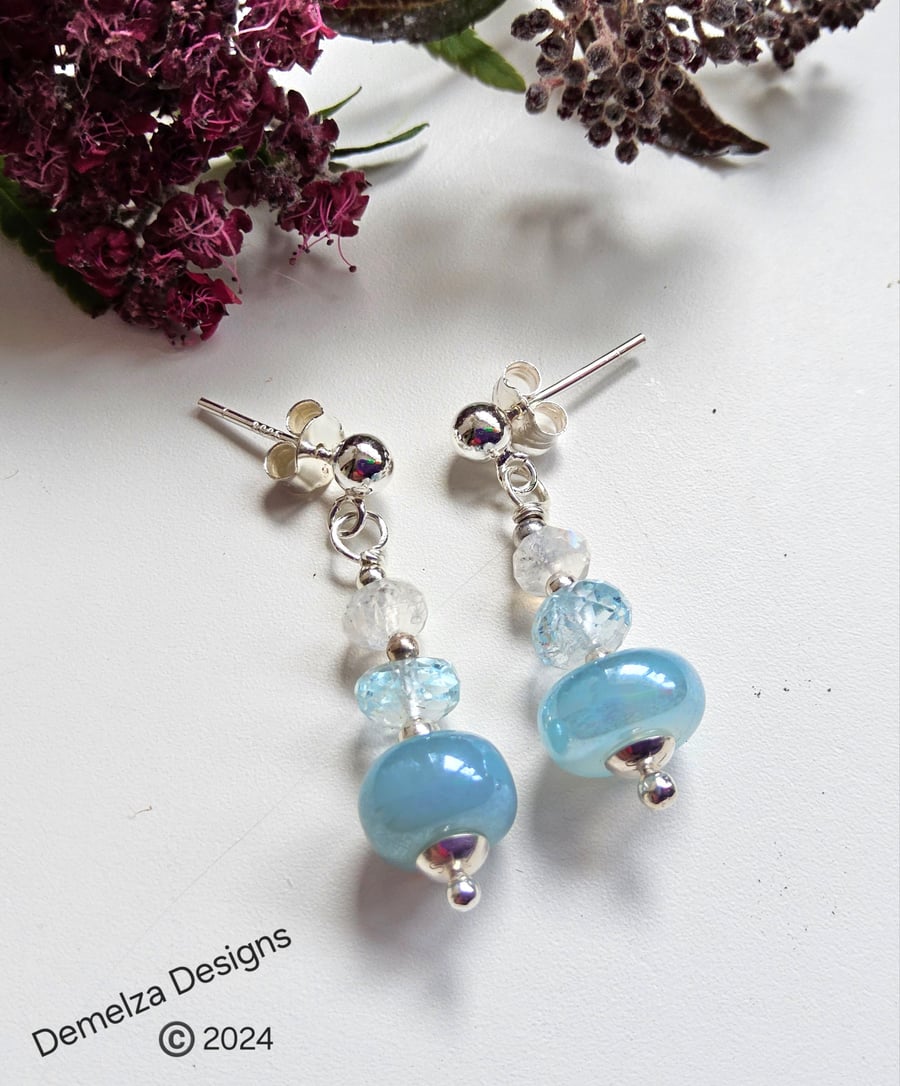 Artisan Blue Chalcedoney, Sky Blue Topaz, Moonstone Sterling Silver Earrings 