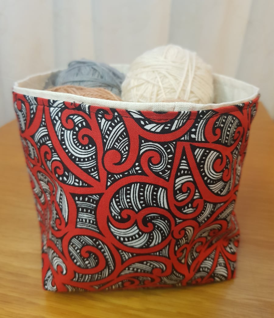 Fabric storage "basket": red and black swirls 