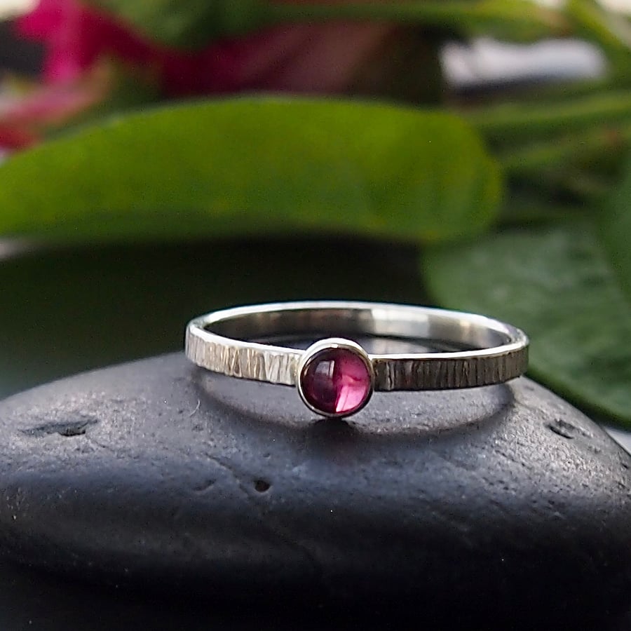 Textured Sterling Silver Stacking Ring with Pink Tourmaline