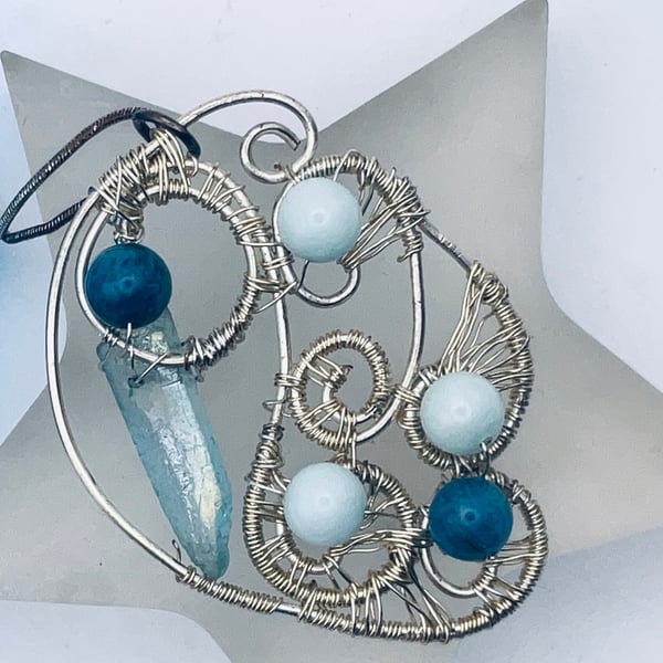 Multi amazonite and agate point  wire wrapped aqua coloured pendant.
