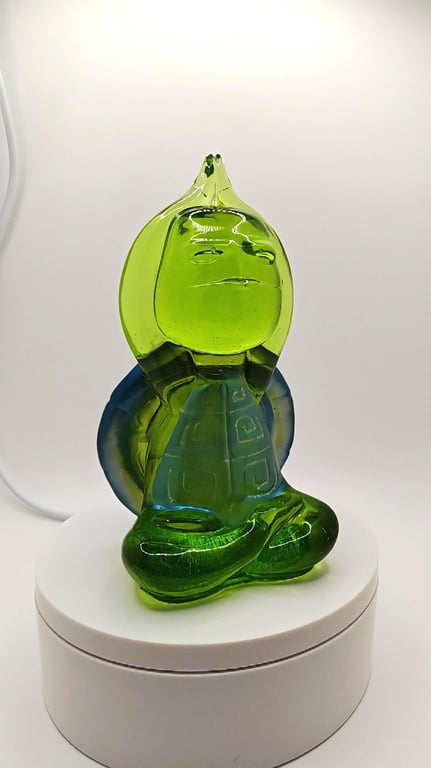 Handmade Resin Zen Decor: Turtle Ornament with Blue Shell- Raised Hands Mudra- Y