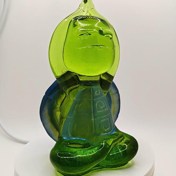 Handmade Resin Zen Decor: Turtle Ornament with Blue Shell- Raised Hands Mudra- Y