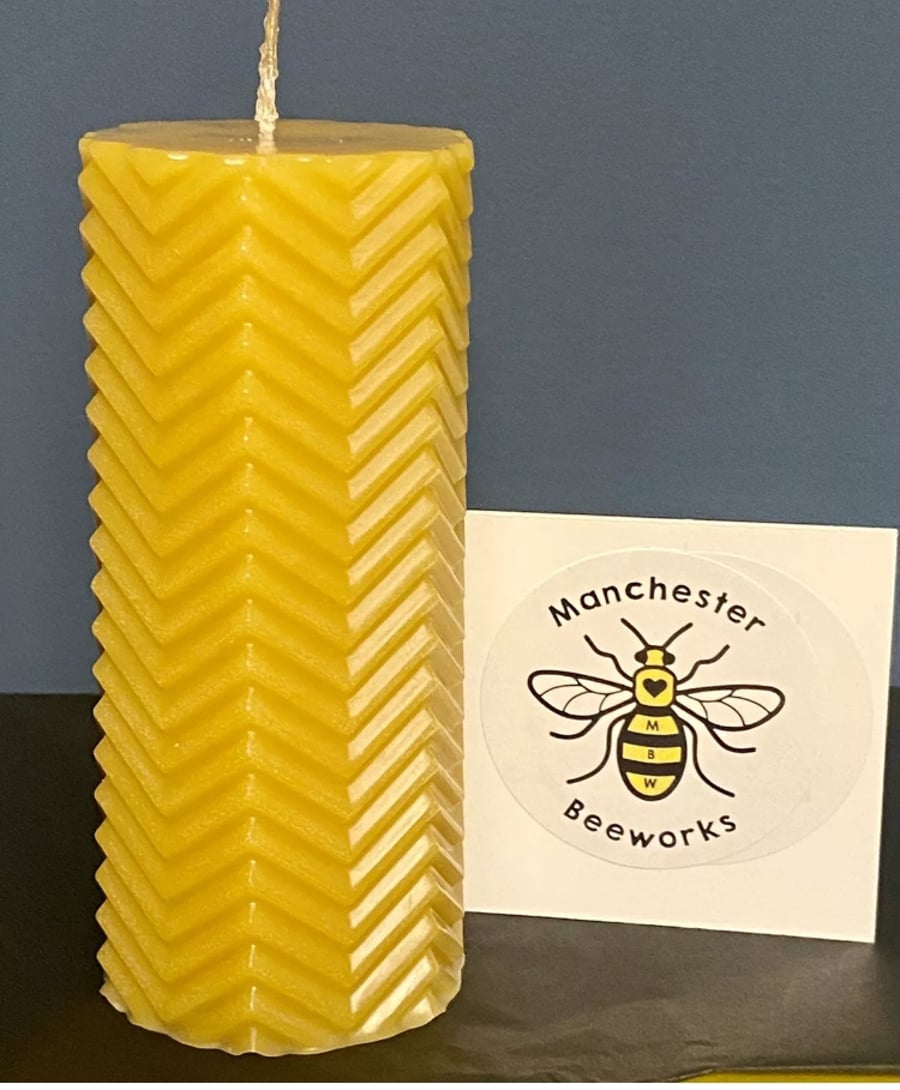 Beeswax Pillar Candle 12cm  100% Pure Natural Organic Hand Poured Zigzag Pattern