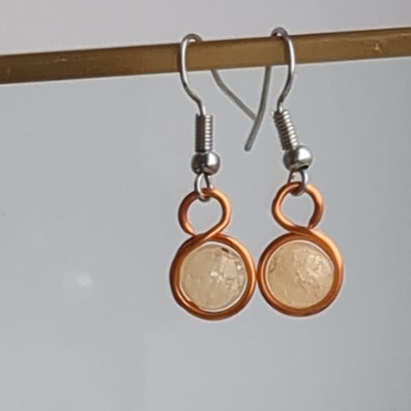 Yellow Jade in copper dangle earrings 