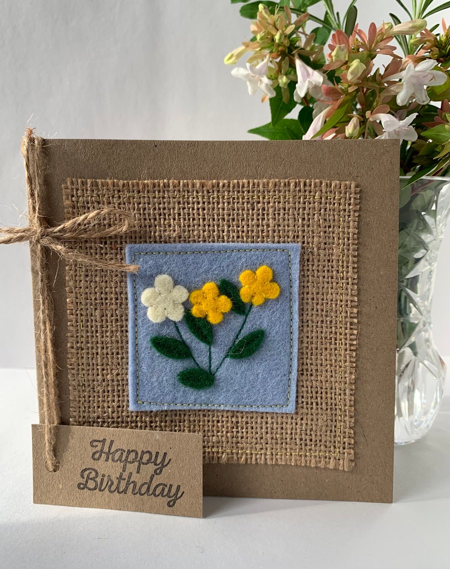 Handmade Birthday Card with yellow and cream flowers from wool felt.