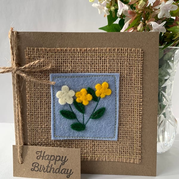 Handmade Birthday Card with yellow and cream flowers from wool felt.