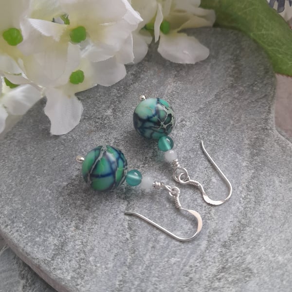 Variscite Green Agate and Amazonite Drop Sterling Silver Earrings