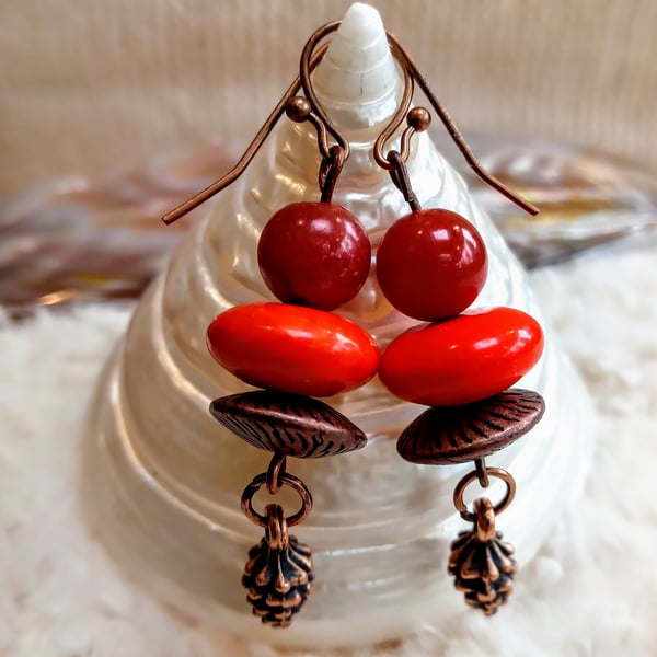 Wacky CORAL saucer with brown AGATE & Copper beaded EARRINGS