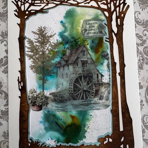 Handmade Scenic Watermill Greeting Card – "Listen, The Wind Speaks"