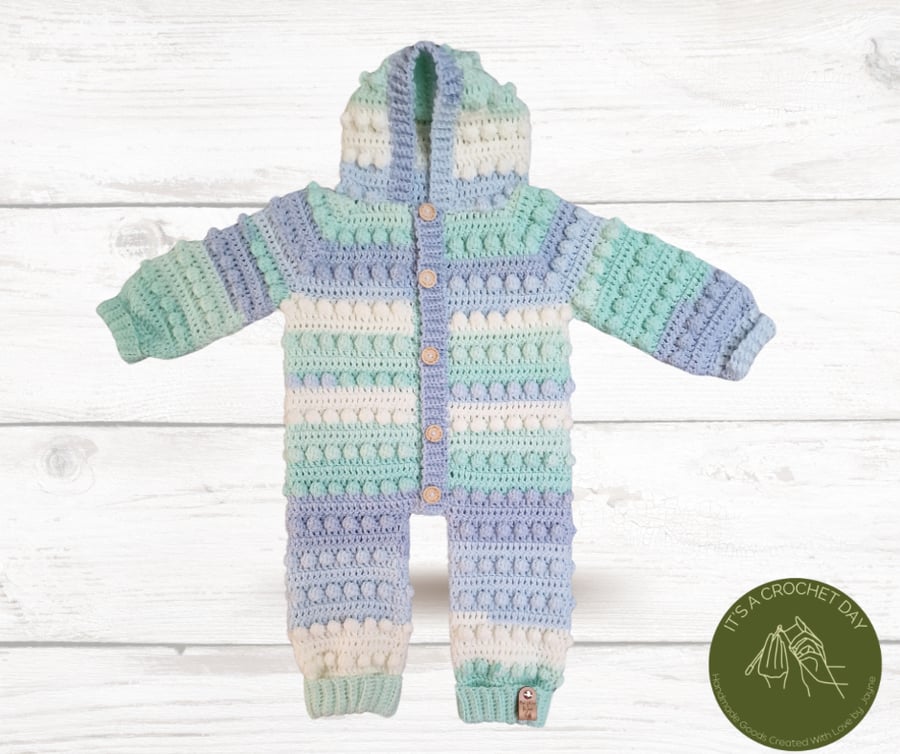 Handmade, Crocheted Pramsuit, All in One 6 to 12 months. Available for dispatch