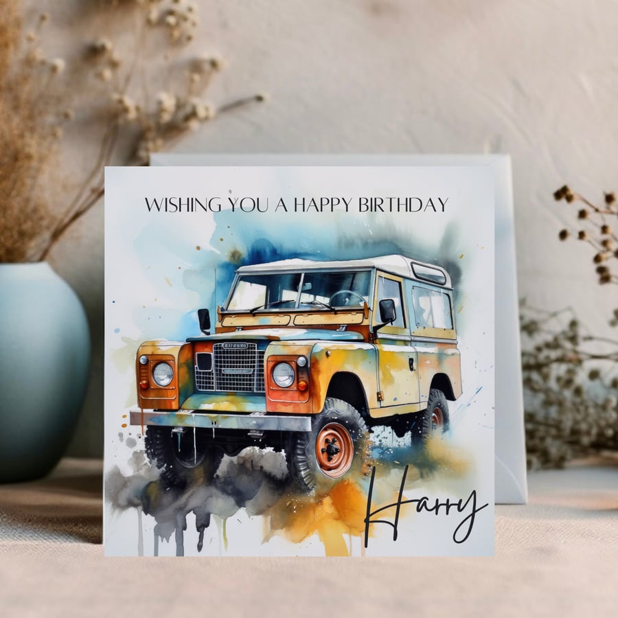 Landrover watercolour design edit text for a personalised card for any occasion 