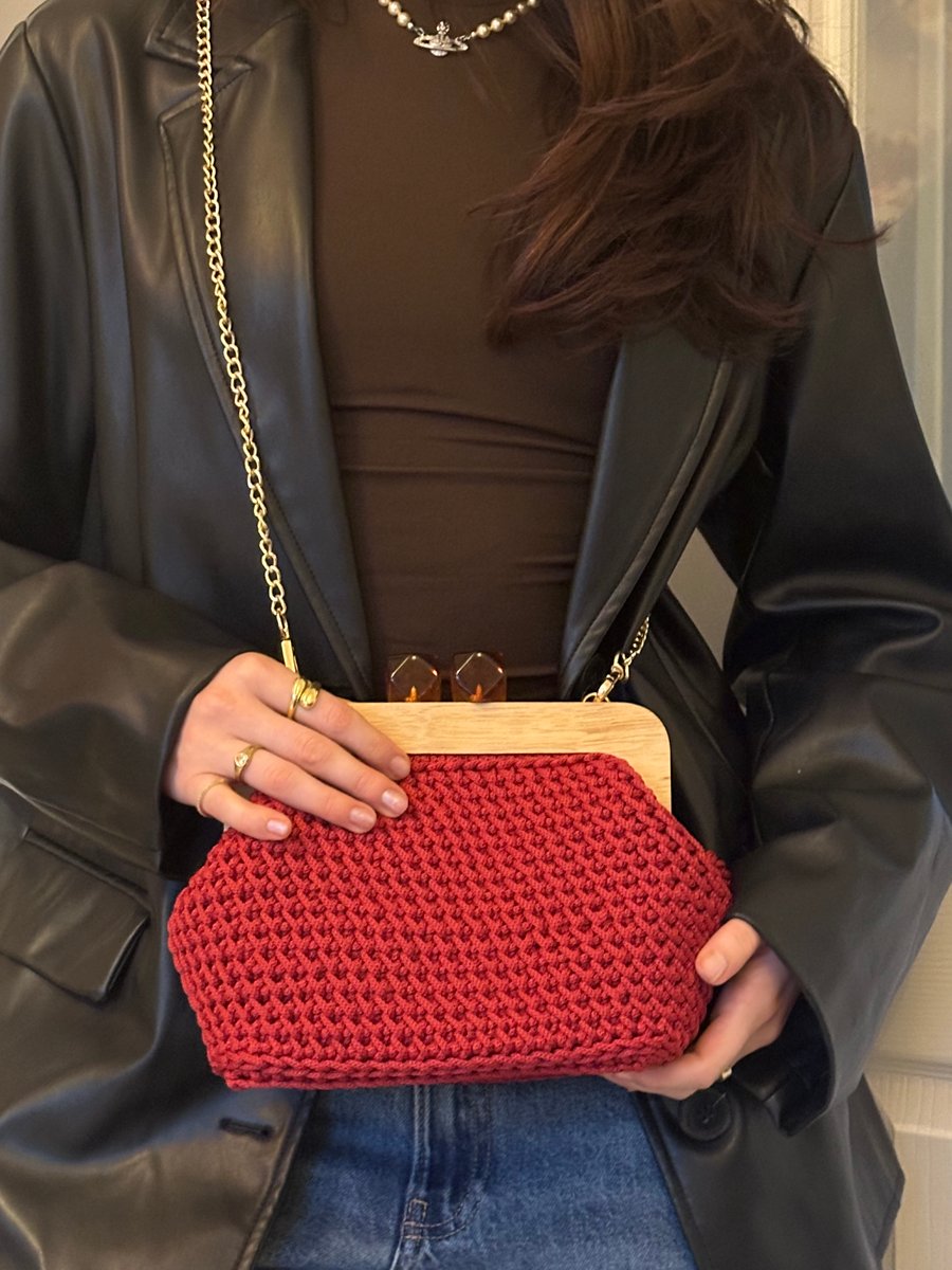 Red Crochet Wooden Clutch Bag