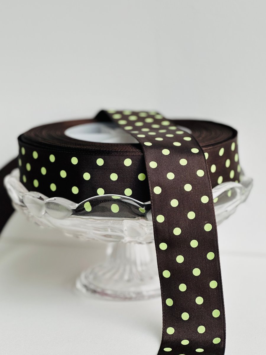 Green brown polka dot wired ribbon , wreath making , DIY craft supply