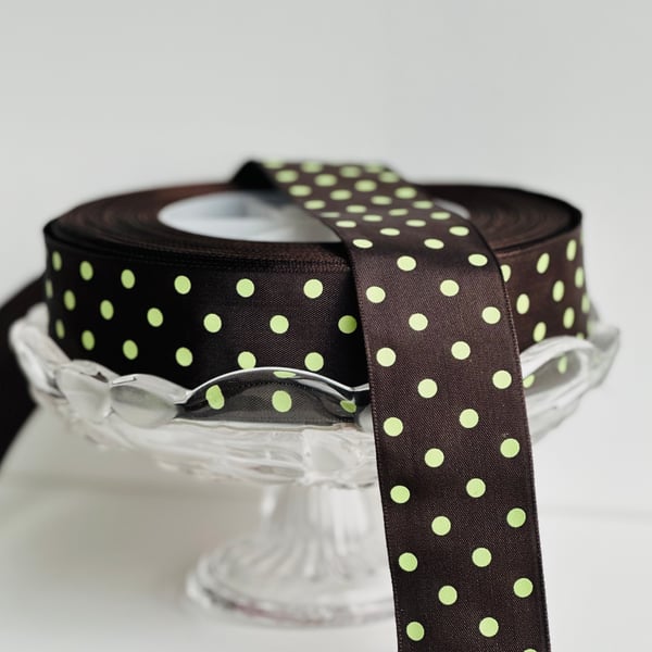 Green brown polka dot wired ribbon , wreath making , DIY craft supply