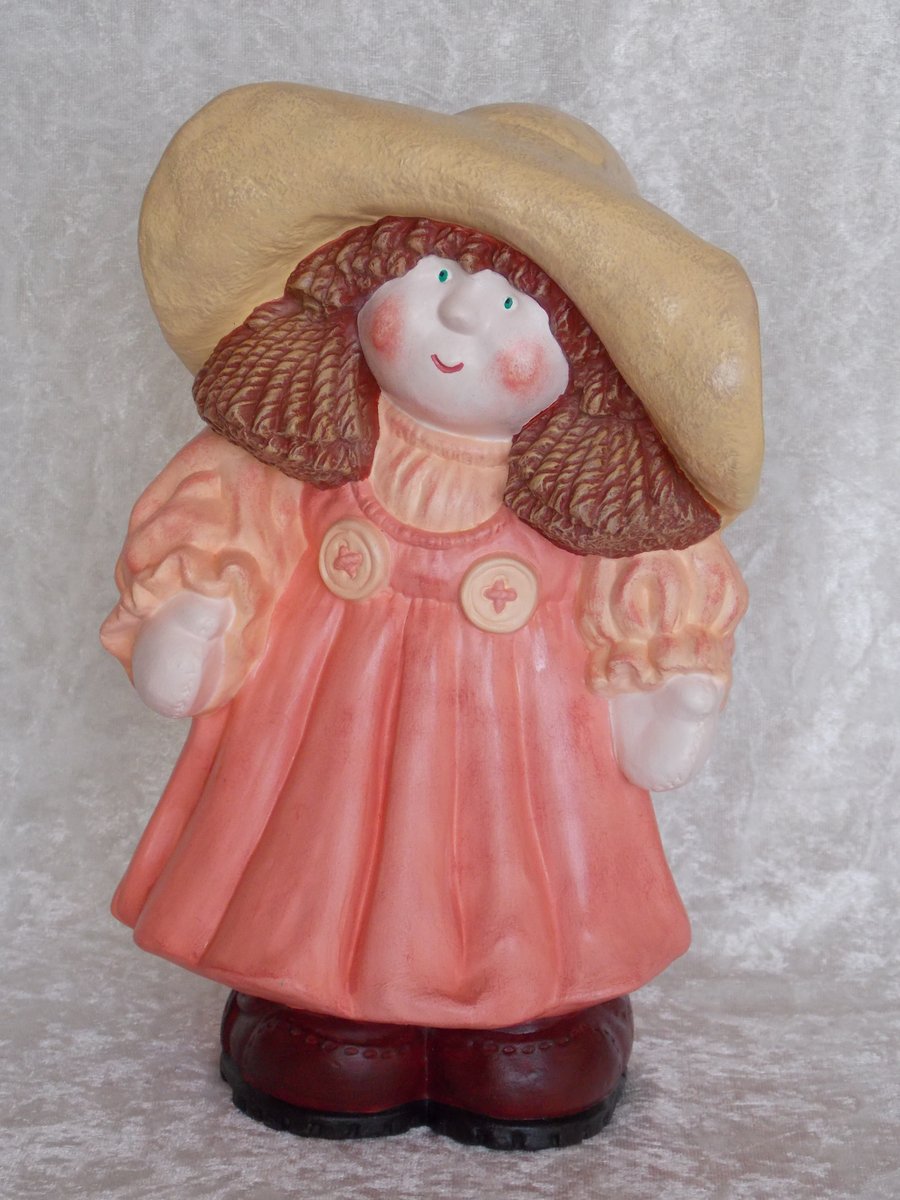 Hand Painted Large Ceramic Standing Button Buddy Girl Figurine In Peach Ornament