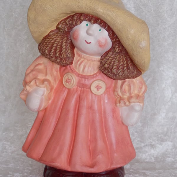 Hand Painted Large Ceramic Standing Button Buddy Girl Figurine In Peach Ornament