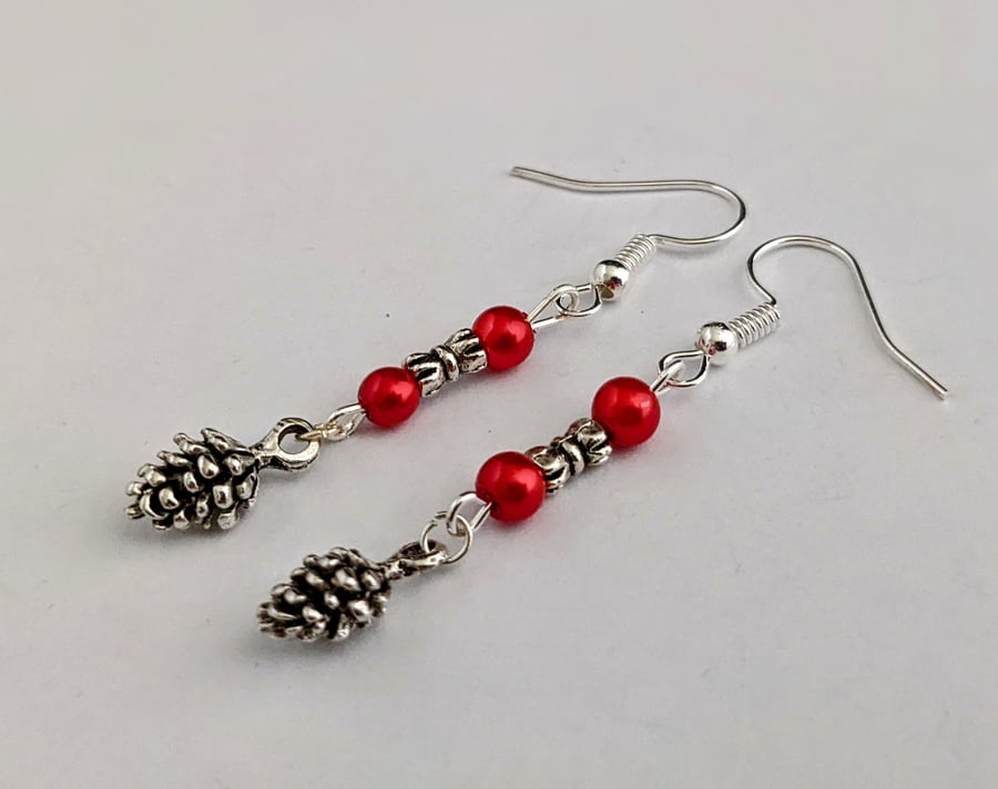 Pine cone earrings - red and silver