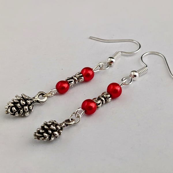 Pine cone earrings - red and silver