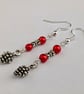 Pine cone earrings - red and silver - Image 1