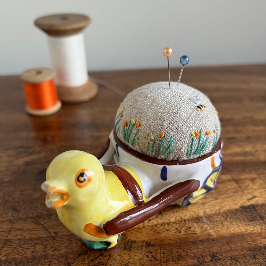 Chick and Cart egg cup embroidered pin cushion