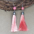 Coral tassel earrings with dewy beads