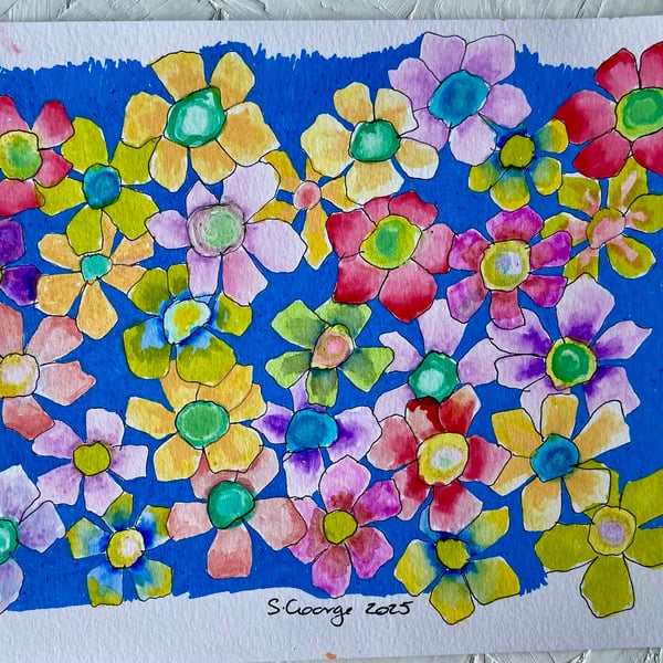 Mixed media whimsical flower illustration 