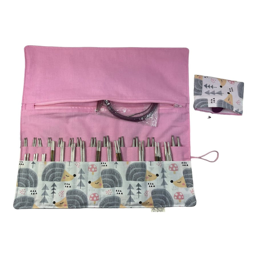 Interchangeable knitting needle case with hedgehogs, holds 2 sets,