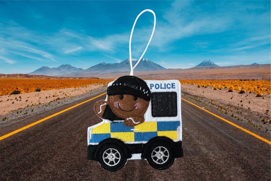 Police van with gingerbread person driving Embroidered Hanging Keepsake 