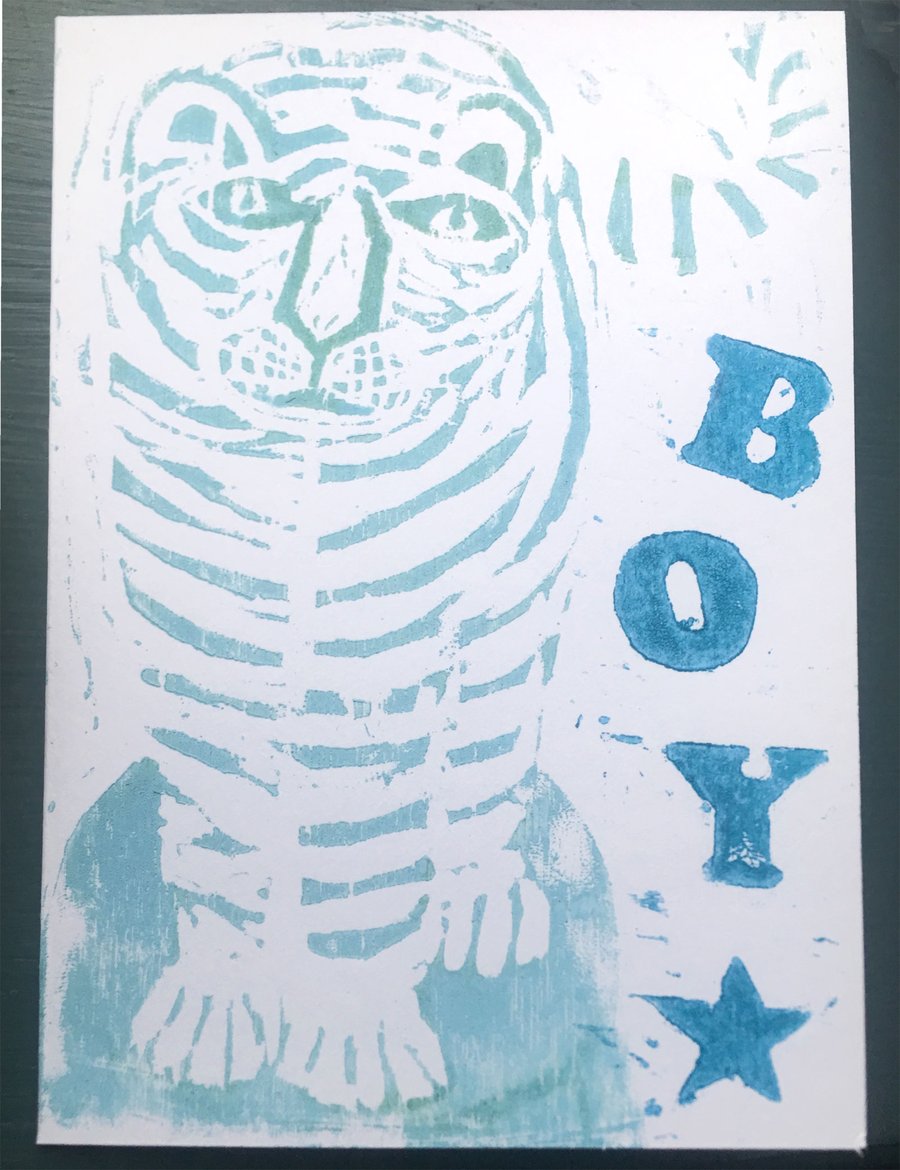 Original Woodcut Handprinted Baby Boy Card