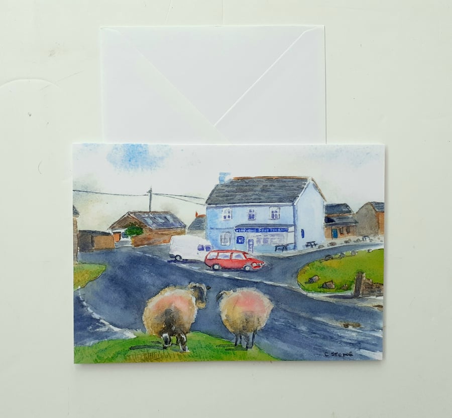 Greetings card A5 Sheep at Minions village Cornwall from original watercolour