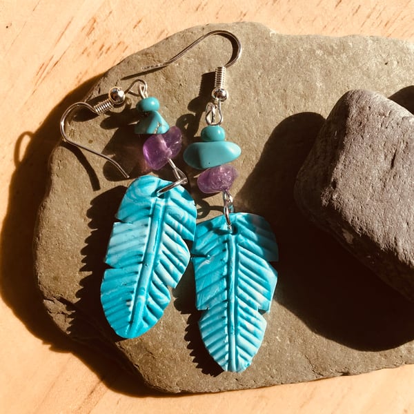 Feather dangly turquoise earrings