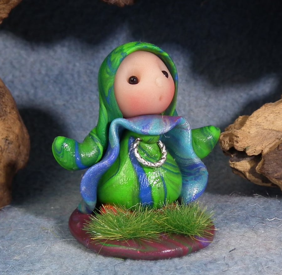 Tiny Meadow Gnome on grassy tableau OOAK Sculpt by Ann Galvin