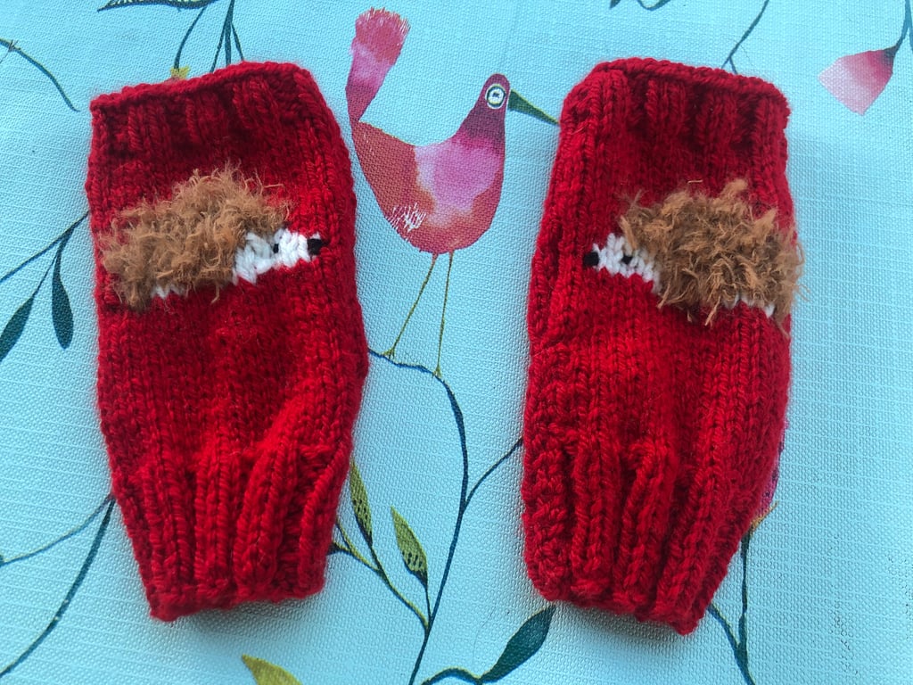 Hand knitted fingerless mittens. Hedgehog hand warmers. Money for cat rescue