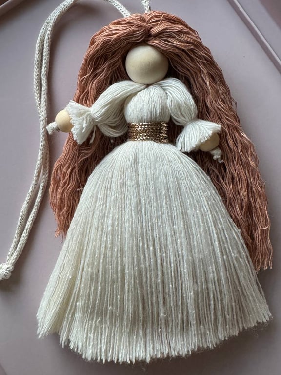Handmade Macrame Guardian Angel – Boho Cotton & Wood Bead Keepsake