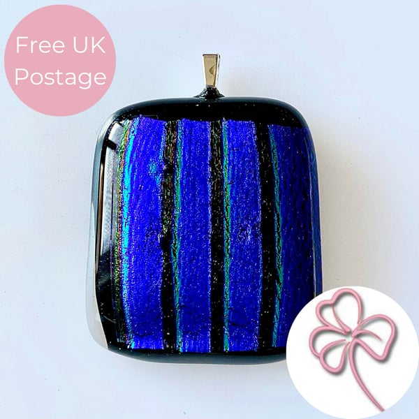 Blue Stripe Dichroic Glass Pendant Necklace 